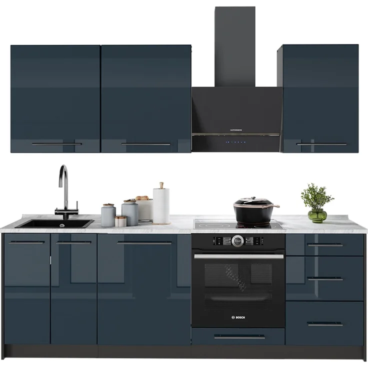 Küchenzeile Fame-Line Dunkelblau Hochglanz/Anthrazit 230 cm, AP Marmor Vicco – Bild 6