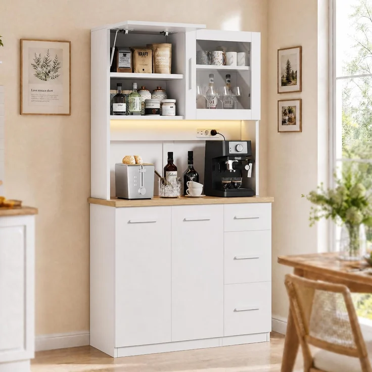 JUMMICO Küchenschrank mit Arbeitsplatte & Steckdose, Buffetschrank LED Soft-Close, Vorratsschrank Höhenverstellbar Verstärkte Rückwand, Mehrzweckschrank Küche Wohnzimmer (Weiß*100CM)
