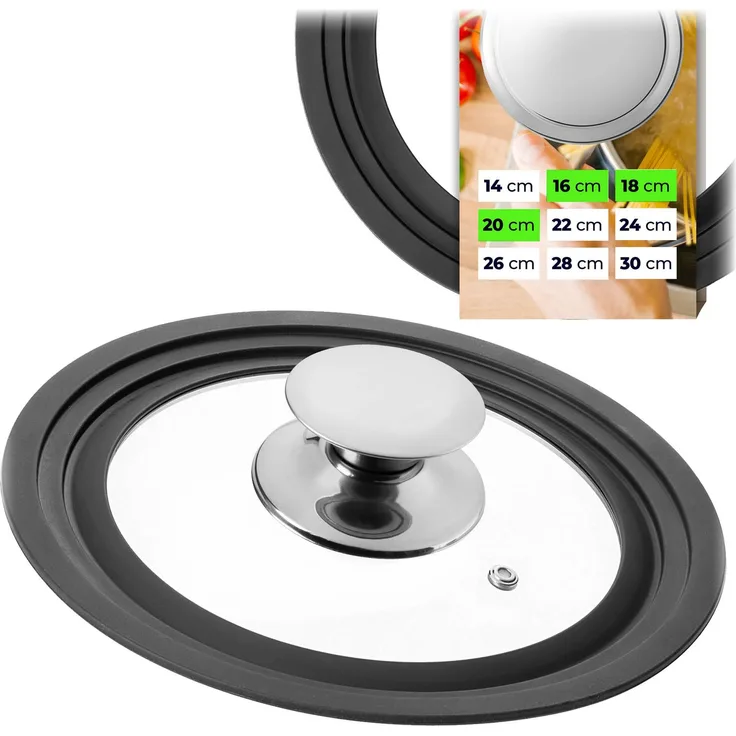 KADAX Universaldeckel 16/18/20 cm, Universal Deckel für Töpfe & Pfannen, Pfannendeckel, Glasdeckel mit Silikonrand und Dampfloch, Topfdeckel (Silber)