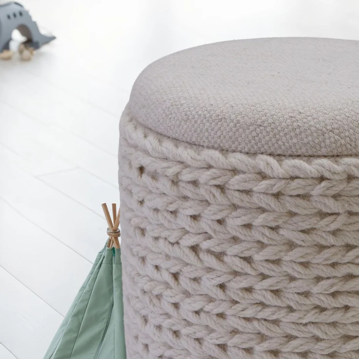 Sitzhocker Boho Stil Stauraum Wolle rund 40x40x45 cm abnehmbarer Deckel Creme Weiß – Bild 5