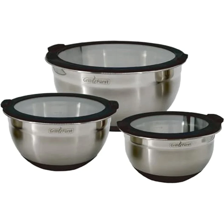 Grillfürst Servierschale Grillfürst BBQ Edelstahlschüssel Set mit Glasdeckel – Bild 1