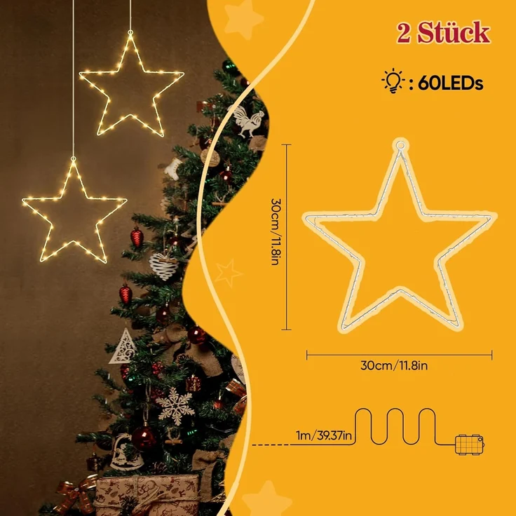Salcar LED Stern LED Fensterdeko SternLED Weihnachtsstern Fensterlichter Weihnachtsdeko, LED fest integriert, Batteriebetrieben mit Timer, 8 Modi Weihnachtsbeleuchtung – Bild 5
