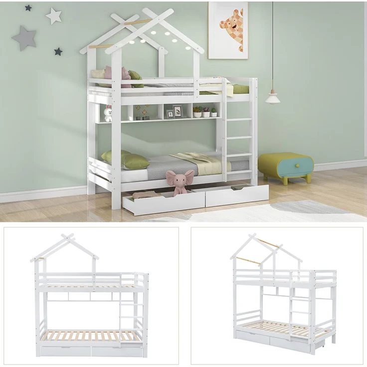 Etagenbett 90x200 cm, Haus-Design in Weiß mit Schubladen, Regalen & Sicherheitsgittern, ohne Matratzen – Bild 6