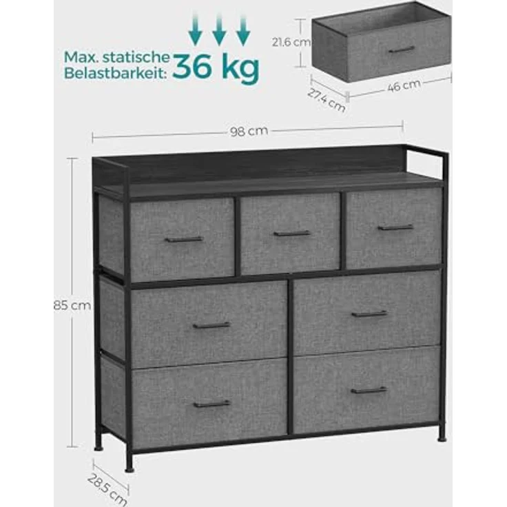 Songmics Kommode, Schrank, 7 Stoffschubladen mit Griffen, Metallgestell, Industrie-Design, schiefergrau-anthrazitgrau LTS523G22 – Bild 4