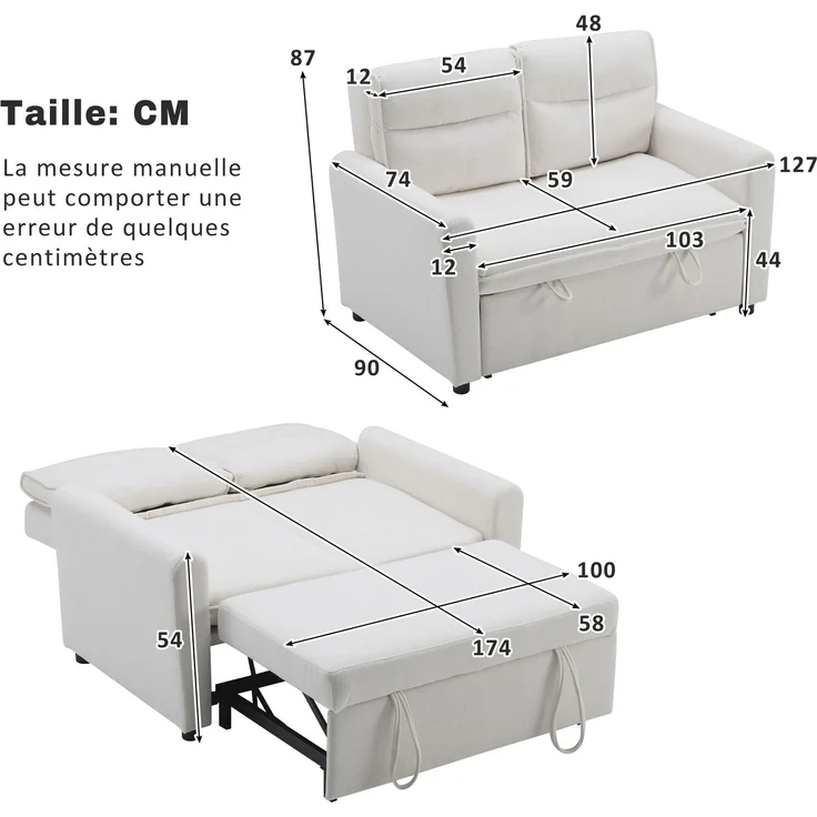 Schlafsofa aus Kettenwirk-Velours mit 5-fach verstellbarer Rückenlehne, ausziehbarem Bettfunktion & Klappsofa,Beige – Bild 10