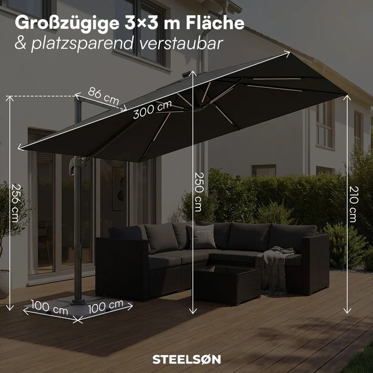 STEELSØN 'Lyrion' Sonnenschirm LED Solar 300x300 cm quadratisch, neigbar und 360-Grad drehbar, schwarz, Ampelschirm inkl. Abdeckung, UV50+ – Bild 9