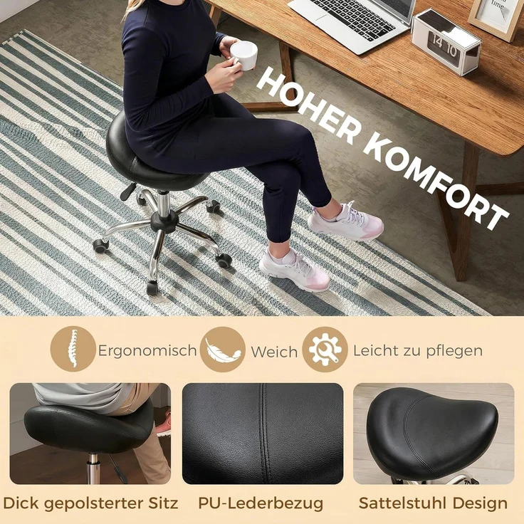 HOMCOM Rollsitz Samt-Touch mit Rädern, Rollhocker höhenverstellbar (Salonstuhl, 1 St, Salonhocker), für Wohnzimmer, Schwarz – Bild 4