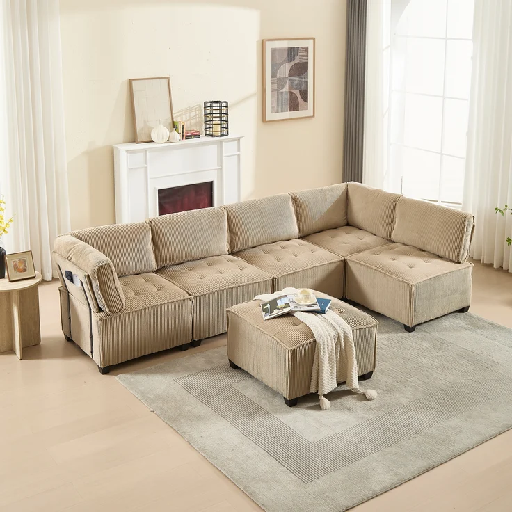 LVHOM Modulares Sofa U Form 308 x 82 x 154 cm, 6-Sitzer mit Schlaffunktion, Modular Cord Ecksofa, umwandelbares Schaumstoffsofa, Sofagarnitur, Khaki – Bild 10