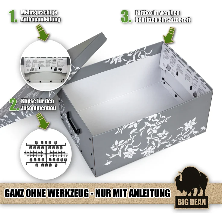 BigDean 3 Große Aufbewahrungsbox mit Deckel aus stabiler Pappe 45 Liter – Bild 5
