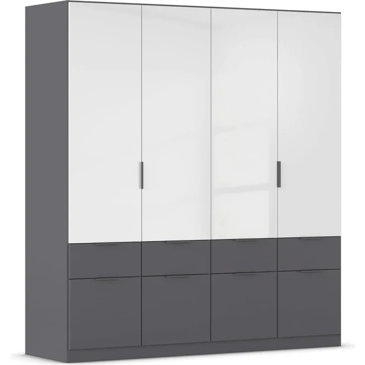 Rauch Möbel Aberdeen, Drehtürenschrank, Kleiderschrank, Garderobe, 4-türig, 8 Schubladen in Absetzung Grau metallic, Schwarz, Farbe Grau metallic/Hochglanz weiß, Griffe Grau metallic, 181 x 197 x 54 cm