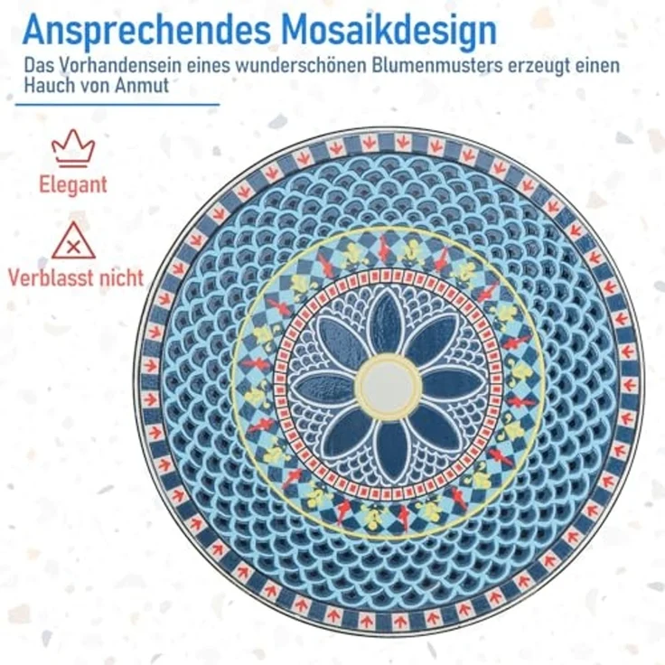 FANTASK Runder Bistrotisch, Beistelltisch mit Mosaikplatte, Sitzgarnitur bis 50kg, Balkonmöbel, Gartenmöbel, für Terrasse, Garten & Balkon (Blau) – Bild 2
