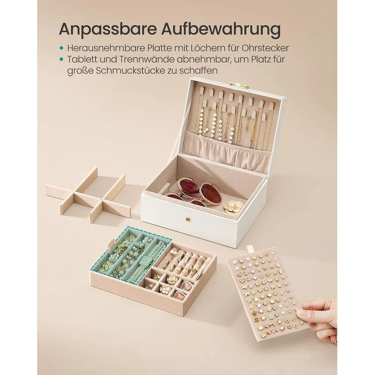 SONGMICS Schmuckkästchen, Schmuckkasten 2 Ebenen, Schmuckaufbewahrung, mit herausnehmbarem Schmucktablett, Griff, für Halsketten Ohrringe, 17 x 20,5 x 9,5 cm, Geschenkidee, cremeweiß – Bild 4