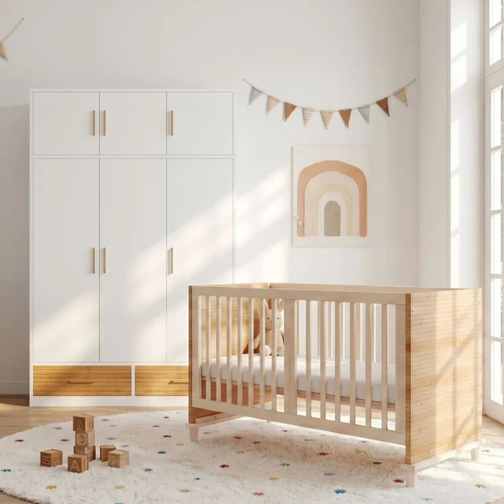 Merax 3-türiger Kleiderschrank + Gitterbett, Babyzimmermöbel, Kinderzimmermöbel-Set, Schlafzimmermöbel, freistehender Kleiderschrank mit Aufsatzschrank (120 x 50 x 180 cm), Babybett (70 x 140 x 87 cm), Naturholz – Bild 3