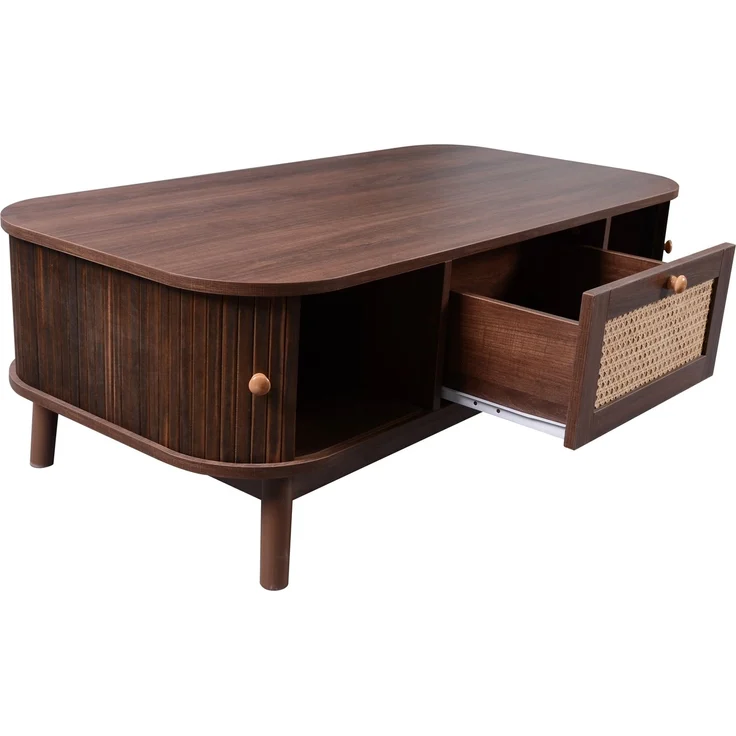 Merax Couchtisch - Rattan-Kaffeetisch, Schubladen mit Rattan und Schiebetüren mit Massivholzlatten, Massivholzbeine, braun – Bild 9