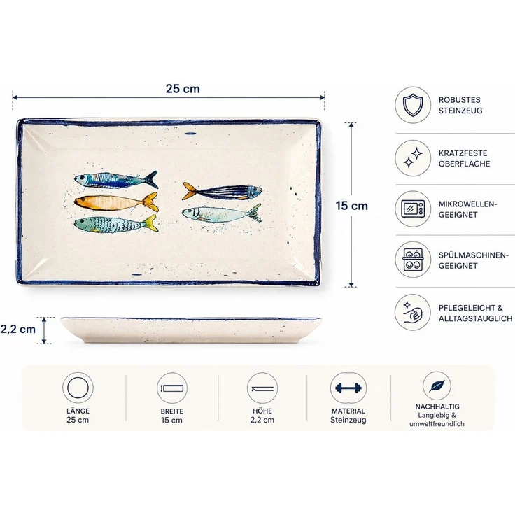 WestCraft Speiseteller Teller, mediterran mit Sardinen-Motiv, Maritime Servierplatte 25×15cm, (4 St), 2er Set, hochwertig und robust - langlebig und vielseitig einsetzbar – Bild 3