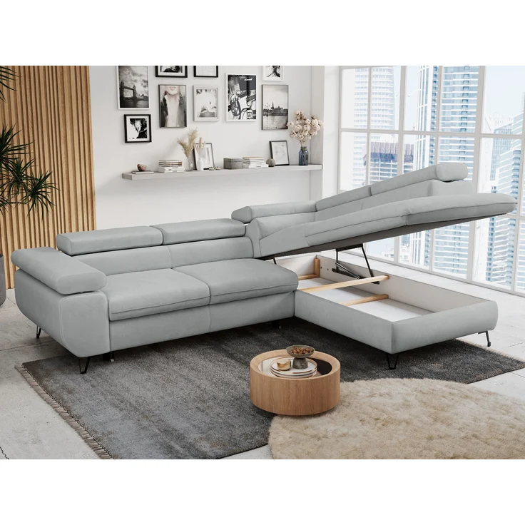 Mks Möbel 'Peter L-form' Ecksofa mit Bettfunktion, Bettkasten & einstellbaren Kopfstützen, Hellgrau, Mikrofaser, mit Topper, rechts – Bild 3