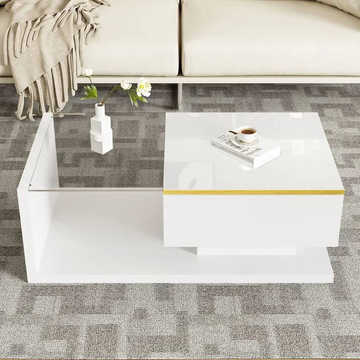 Couchtisch 90x50 cm Hochglanz Weiss LED Beleuchtung App Steuerung 16 Farben Glasplatte Wohnzimmer – Bild 5