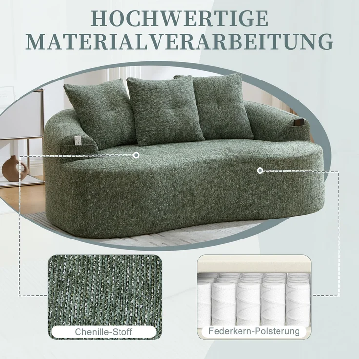 LVHOM 2-Sitzer Sofa mit 3 Kissen, Cloud Sofa mit komprimiertem Design, kein Aufbau erforderlich, Doppelsofa aus Chenille, Grün – Bild 3