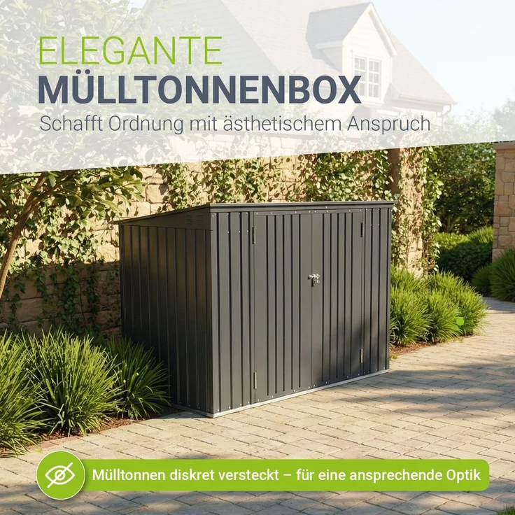 Juskys 3er Mülltonnenbox Namur 3 x 120 Liter Tonnen - 2 m² - 2 große Türen - Metall Mülltonnenverkleidung Müllbox Müllhaus Aufbewahrungsbox – Bild 7