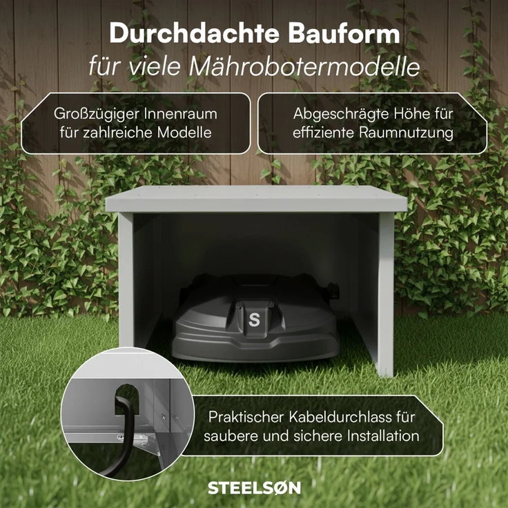 STEELSØN 'Drakon' Mähroboter Garage, Metall, silber, wetterfest, 53/42x77x90 cm, Mähroboterhaus mit aufklappbarem Pultdach – Bild 4