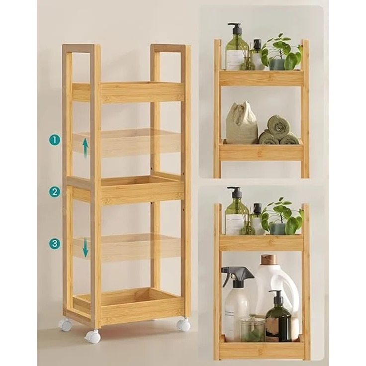 SONGMICS Badezimmerregal mit 3 Ebenen und Rollen, Bambus naturbeige, 30 x 20 x 80 cm – Bild 4