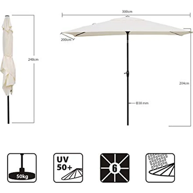 Sekey Sonnenschirm mit Kurbel und UV50+, knickbar, Aluminium creme, 210 × 140 cm – Bild 8