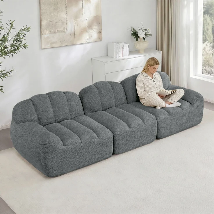 EINHOM 3-Sitzer L-förmiges Modulares Sofa mit 1 Ottoman, Boneless Sofa aus 32D Hochdichtschaum, tiefe Sitzfläche, ideal für Wohnzimmer, weicher Stoff, Grau – Bild 6