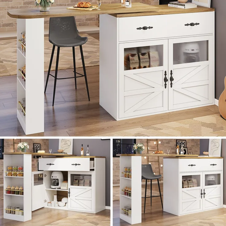 Ausziehbarer Bartisch mit Stauraum(138-204×39×104cm) , 360° drehbare Essbar,Moderner Beweglicher Bar Table,Hochtisch Kücheninsel Bistro Table, Sideboardschrank mit Regalen, weiß