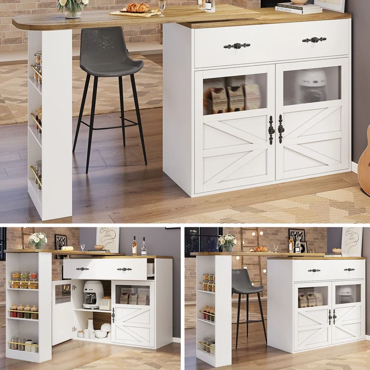 Ausziehbarer Bartisch mit Stauraum(138-204×39×104cm) , 360° drehbare Essbar,Moderner Beweglicher Bar Table,Hochtisch Kücheninsel Bistro Table, Sideboardschrank mit Regalen, weiß – Bild 1