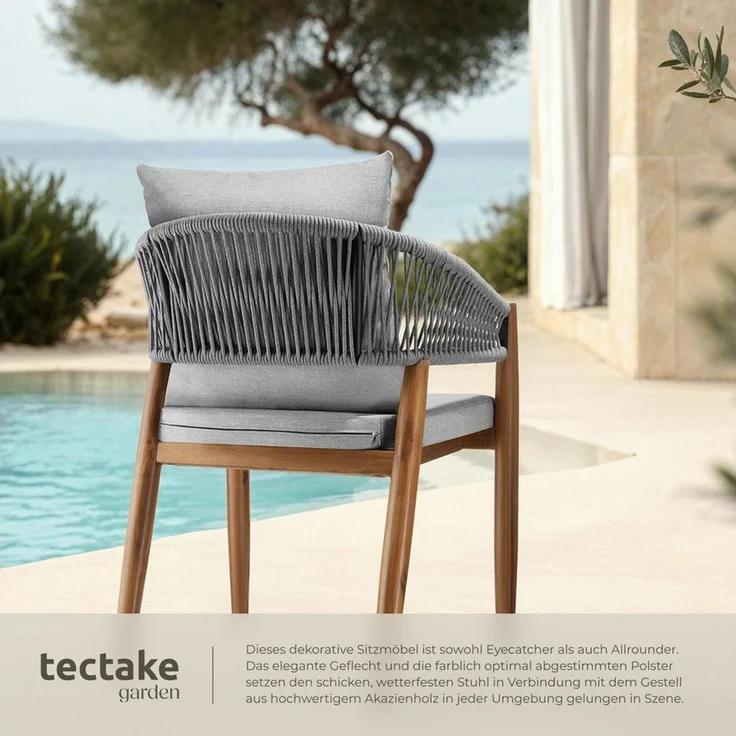 tectake Gartenstuhl Balkonstuhl, Belastbarkeit 120 kg, wetterfest, höhenverstellbar (Terrassenstuhl Manacor für Außen in Akazienholz Grau/Beige, 2 St), 60 x 58 x 76,5 cm, wasserabweisende, abnehmbare Polyesterbezüge – Bild 3