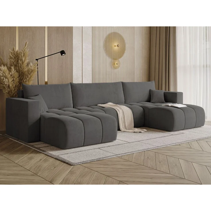 GRAINGOLD Ecksofa U-Form Neva U, Ecksofa mit Schlaffunktion, Bettkasten, mit losen Kissen, Velour-Stoff, Dunkelgrau – Bild 3