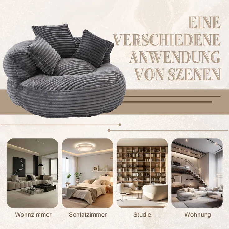 Sitzsack Cord Dunkelgrau, mit hoher Rückenlehne & Kissen, 108x108x52 cm – Bild 8