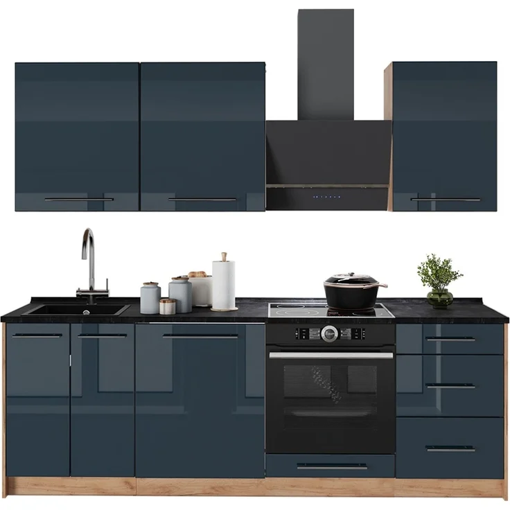 Küchenzeile Fame-Line Dunkelblau Hochglanz/Goldkraft Eiche 230 cm ohne Arbeitsplatte Vicco – Bild 5