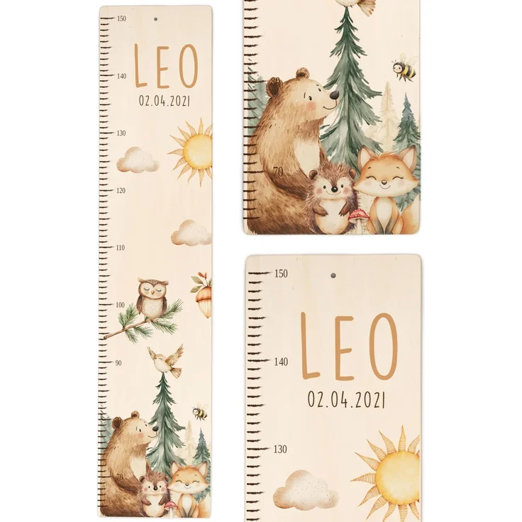 Kidsmood - Personalisierte Messlatte Kinder Holz – Hochwertige Messleiste & Wand-Deko für Baby- & Kinderzimmer mit liebevollem Fröhliche Waldtiere – Tolles Geschenk zur Geburt- (65-140cm)