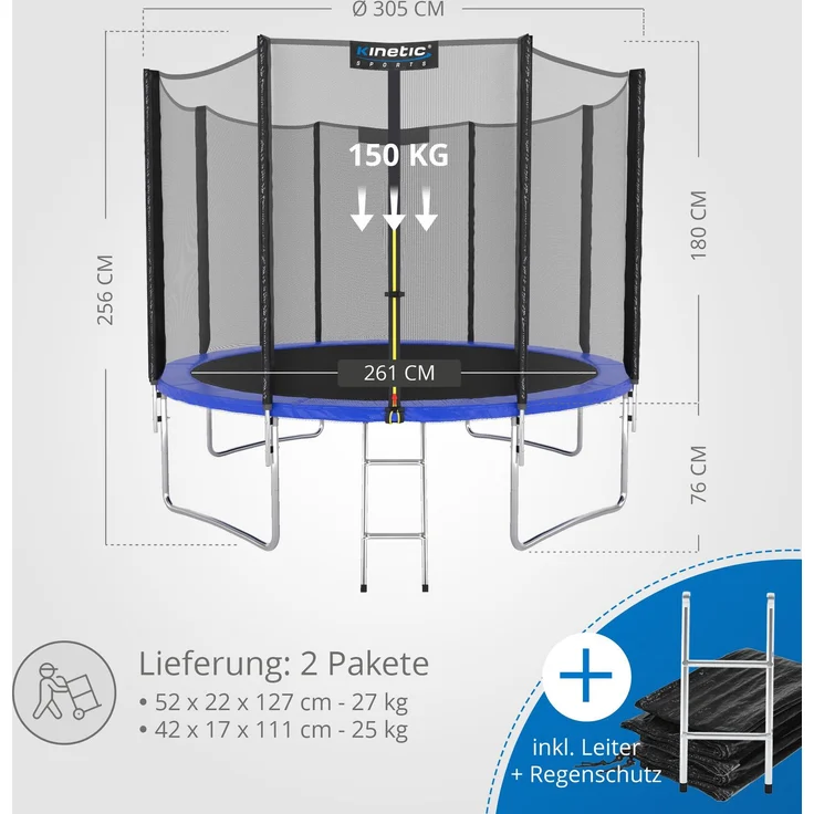 KINETIC SPORTS Trampolin Outdoor 'Salto Plus' - Komplett-Set für Kinder, USA Sprungtuch, Netz, Randpolster, Leiter, Blau-2, Ø 305 cm – Bild 7