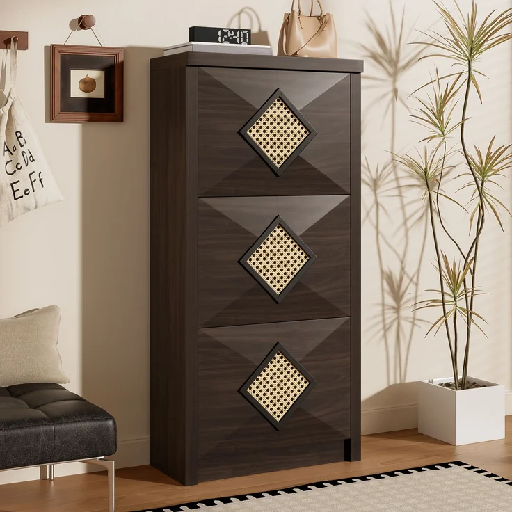 Schuhschrank, Holzoptik mit Rattan-Dekor & 3 Klappfächern, 54x25x115 cm, Walnussfarbe – Bild 2