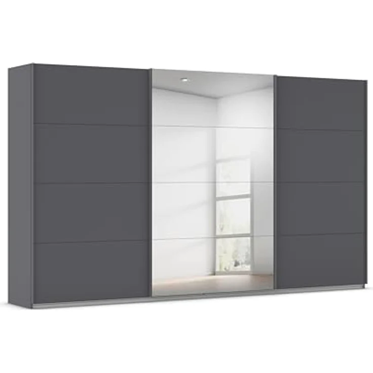 Rauch Möbel Kulmbach, Kleiderschrank mit Schwebetüren für Schlafzimmer, Kinderzimmer, Jugendzimmer, Garderobe, Flur, 3-türig, mit Spiegel, Zubehör Basic, Farbe Grau metallic, Schwarz, Breite 360 cm – Bild 1