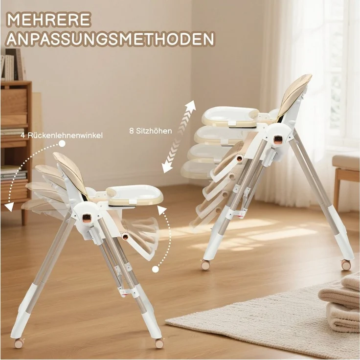 LALAHO Kinderstuhl Kinderklappstuhl Stuhl Baby Klappbar mit Esstablett, Babyliege Höhenverstellbar, Räder Klappbar – Bild 4
