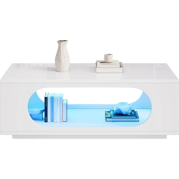 Couchtisch 100 x 50 x 35 cm mit LED-App-Steuerung, Kabelmanagement, MDF in Weiß Hochglanz – Bild 7