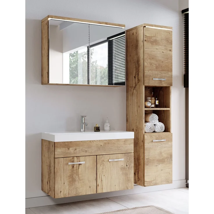 Badplaats Badmöbel Komplettset Paso LED 80 x 40 cm Kastanien Eiche - Badezimmermöbel mit Waschbecken, Spiegelschrank und Badezimmerschrank – Bild 2