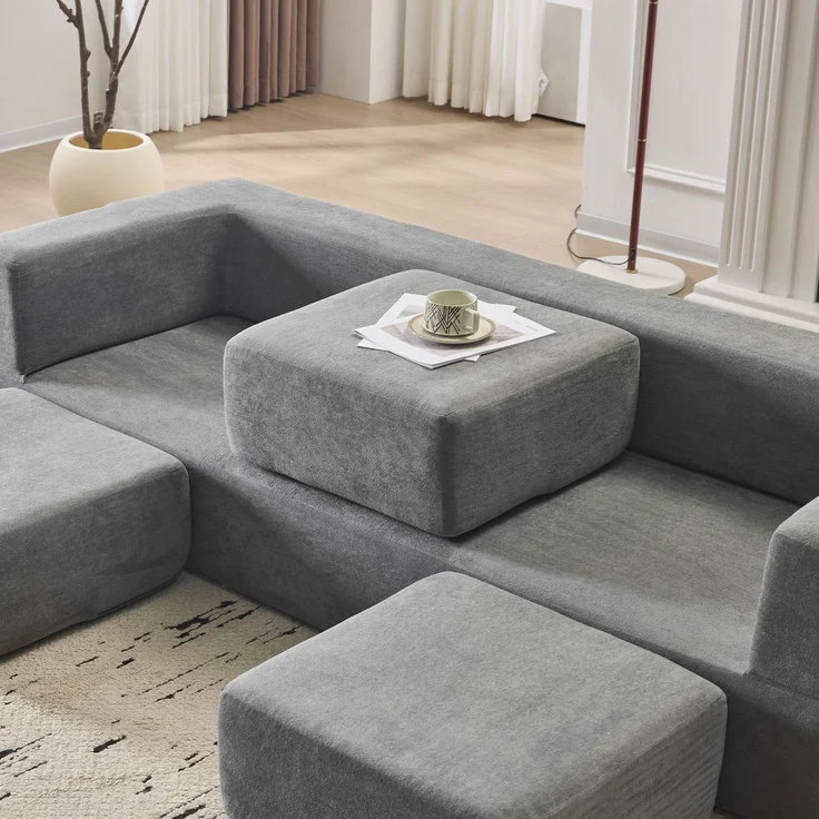 Wohnora-Ebern Designs Wandelbares Sofagarnitur mit 3 Fußstützen – Bett aus hochelastischem Schaumstoff, platzsparendes Chenille-Bodensofa für Studio-Apartments und Heimbüros Grau,H 50cm x T 201cm x B 755cm,Grau – Bild 3