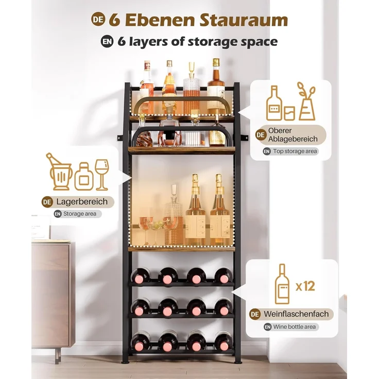 Yorbay Weinregal aus Holz &Metal,Weinregal Stehend mit Flaschenablage, 6-stufiges, Barregal für Whisky und Spirituosen, zur Präsentation – Bild 4
