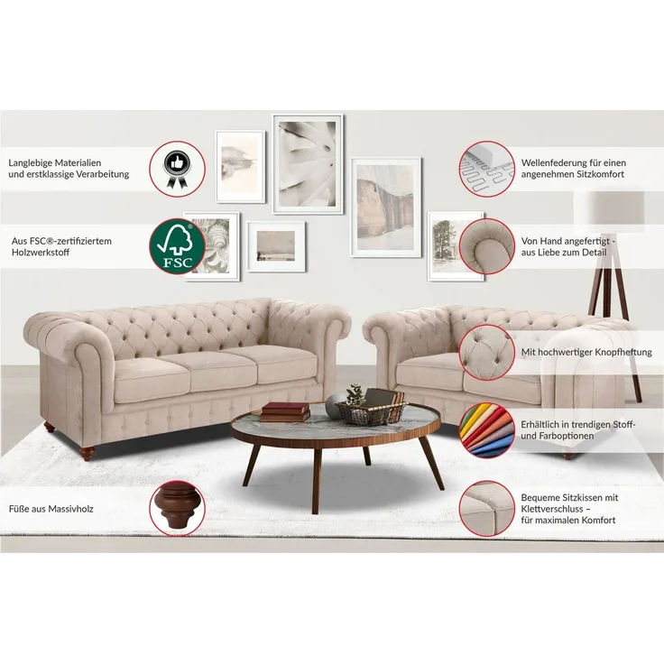 Home affaire Chesterfield-Sofa Chesterfield 3-Sitzer B/T/H: 198/89/74 cm, mit hochwertiger Knopfheftung, auch in Leder
