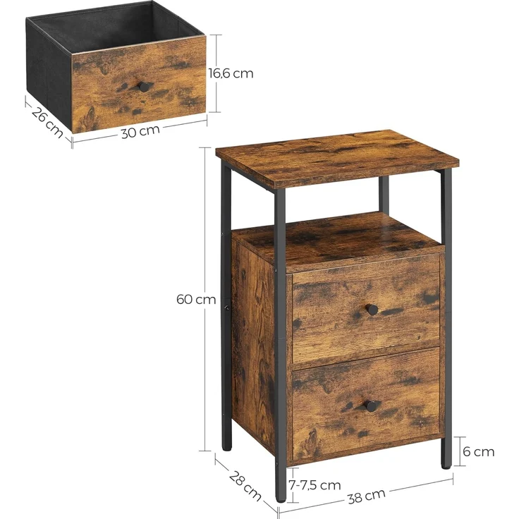 Vasagle Nachttisch, Beistelltisch, mit 2 Schubladen, für Schlafzimmer, Wohnzimmer, Industrie-Design, vintagebraun-schwarz LET521B01 – Bild 3
