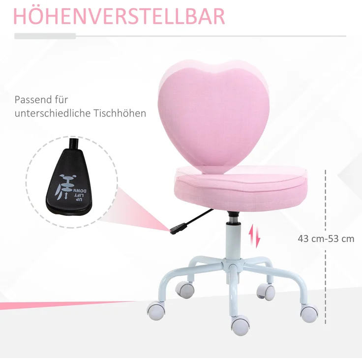 MELAYR, Drehstuhl, niedliches Herz-Design, höhenverstellbar, Stoffbezug in Leinenoptik, rosa, 42 x 50 x 79-89 – Bild 6