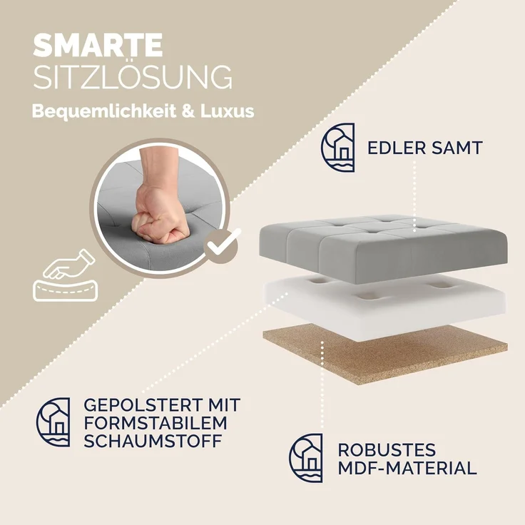 CASARIA® Sitzhocker mit Stauraum, Samt, grau – Bild 5