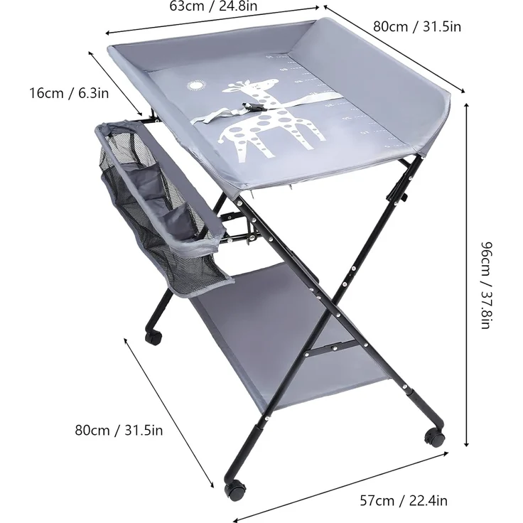 QIERF Klappbarer Wickeltisch Baby Wickelkommode Mobiler Wickelregal Höhenverstellbar, 25kg Tragfähigkeit für 0-12 Monate, Wechseln von Windeln, Wechselkleidung, Lagerung, Grau – Bild 3
