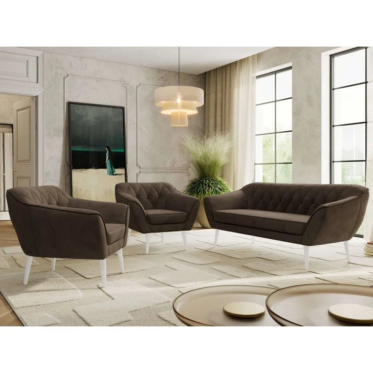 Wohnzimmerset PIRS 1-1-3, Skandinavisches 3-Sitzer Sofa mit Sesseln, Sofa mit Wellenfederung, weiße Füße, Skandinavisches Möbelset - Braun Velvet – Bild 4