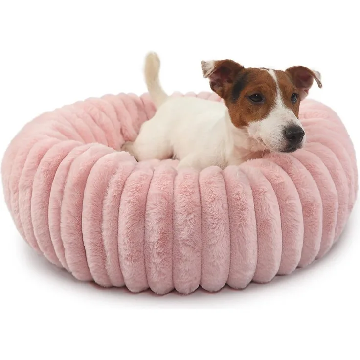 Ledander Tierbett Donut-Hundebett in mittlerer Größe, waschbar, flauschig,Hundekissen, aus Kunstfell mit Cord-Fleece-Futter und rutschfester Unterseite