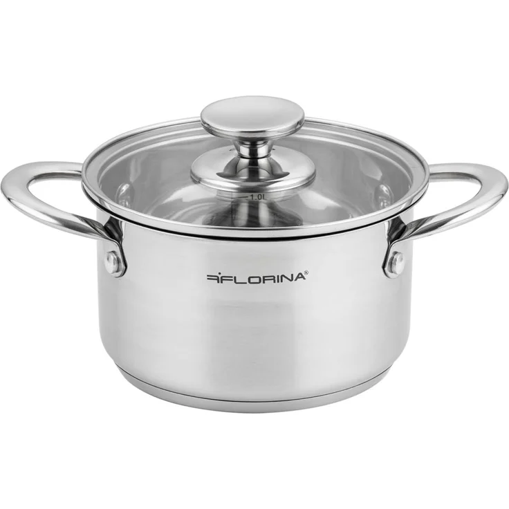 FLORINA Edelstahl Topf 1,9 l 16 cm Durchmesser I Energiesparender Kochtopf FALCON I Topf mit Glasdeckel und Messskala I 3-lagiger Boden gleichmäßige Wärmeverteilung I Ideal für alle Herdarten